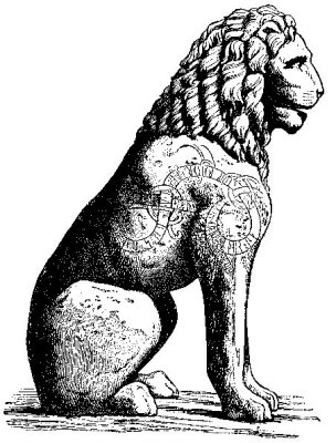 A drawing of the Piraeus lion showing the design of the runic text. From DuChaillu