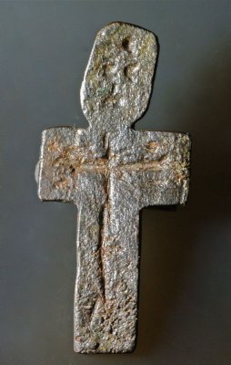 Copper alloy crucifix brooch, ca 8th-10th century, found near Durham, UK.