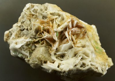 Pyromorphite crystals on baryte, 6 cm specimen, Hungry Hushes, Arkengarthdale, N Yorkshire.