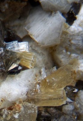 Stilbite crystals with smoky quartz, orthoclase and albite. Lindsay's Leap, Mourne Mountains, County Down, Northern Ireland.