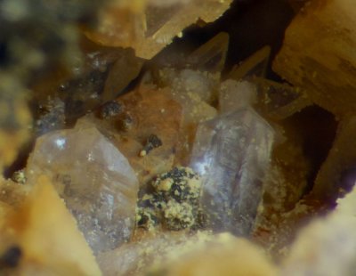 Gypsum crystals (ca 1 mm) with titanite (sphene). Stage-3 granite, Shap Granite Quarry.