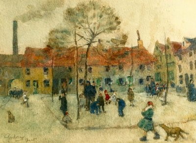 Jan Gordon watercolour of a Ghent square, ca 1910.
