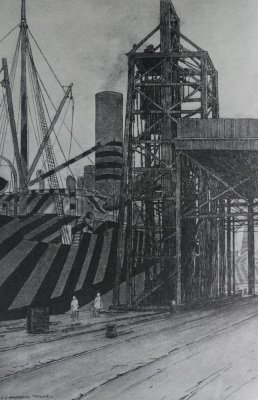 Dazzled ship taking in coal at Liverpool. Water colour by Lieut. L. Campbell Taylor R.N.V.R. 