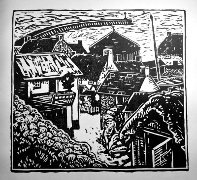 Sennen Cove by Cora Gordon, a woodcut reproduced in the first volume of The Apple (of Beauty and Discord) 1920.