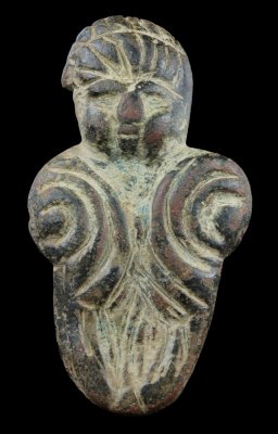 Pre-Viking Age copper alloy figurine of robed goddess (pocket god), 62 mm, reported to be from the Ladoga area