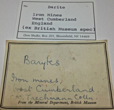 Baryte Trechman label from an old BMNH specimen. 