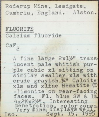 Label with a W.F. Davidson specimen of fluorite from the Rotherhope Fell Mine, Cumbria, UK.