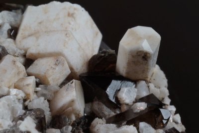 Carlsbad twinned 12 mm orthoclase crystal with smoky quartz, albite and mica on 4 cm matrix. Diamond Rocks. Unique.