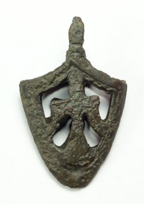 Birka falcon copper alloy sword chape, 59 mm, first half of the 10th century. Known from Sweden and Ukraine. Chernihiv. 