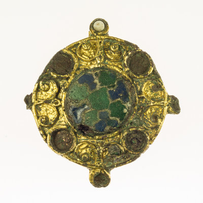 Viking Age (10th-11th C) gilt cloisonné enamel (blue and green) disc brooch, 38 mm. Suffolk.