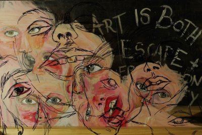 Art is both .. Pen and acrylic on three sheets of transparent plastic set in wooden frame. 483 x 282 x 300 mm.