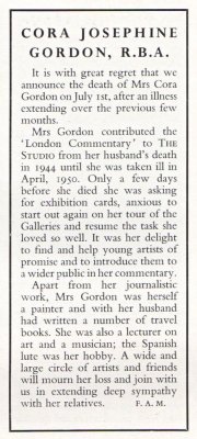 Cora Gordon obituary in THE STUDIO September 1950