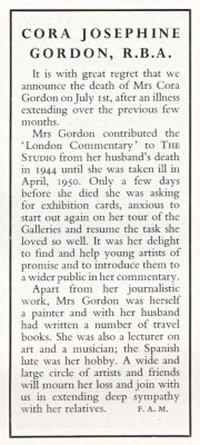 Cora Gordon obituary in THE STUDIO September 1950