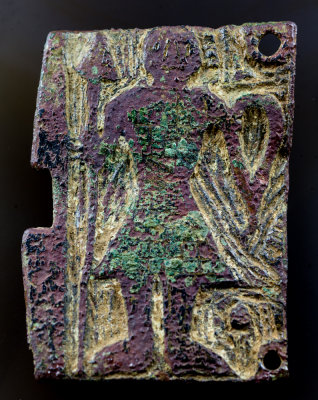 A fine representation of an 11th century warrior in chainmail, bearing a kite shield and a spear. Copper alloy, 43 mm.