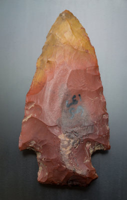 Motley point in Red and Tan chert, 63 mm, found (1980s) at Grangeville, St. Helena Parish, Louisiana, USA. 