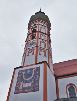 Church Tower with Clock and Sun Dial