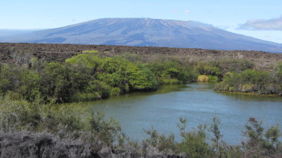 sunken lake with volcano in background