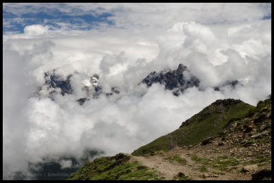 View from Margor Lek Bhanjyang (4037m), the Changgla Himal peak through monsoon cloud