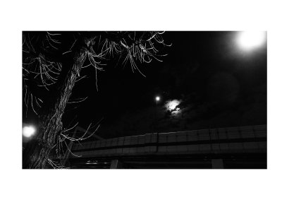 Moon, streetlights, overpass