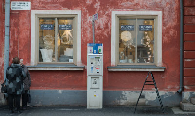 Two windows, two women and one parking meter