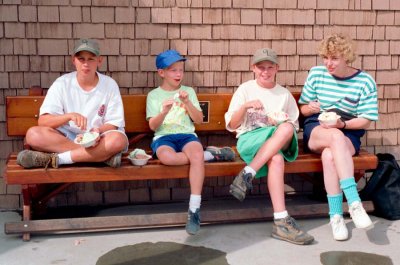 1995 - Ginny and the boys on ice cream break in Yellowstone