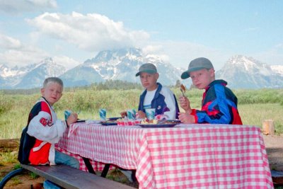 1995 - Beakfast with the Tetons in the background