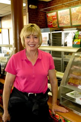 Ginny ordering chopped salad for dinner at Subway.