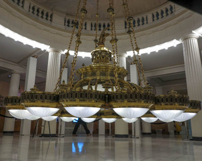 Chandelier lowered for maintenance in the rotunda