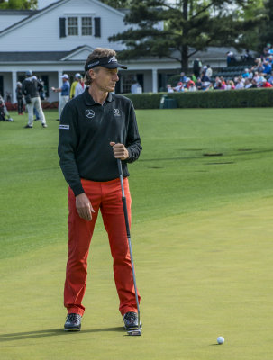 Bernhard Langer on the practice putting green.  He has won the Masters twice, 1985 & 1993.