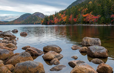 Boulders in Jordan Pond and the Bubbles in the background, Acadia National Park, ME