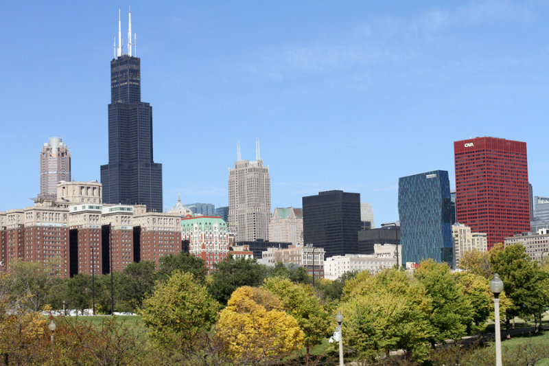 Hilton (left),  Sears (now Willis) Tower (Dark,) Red CNA BuildingI
