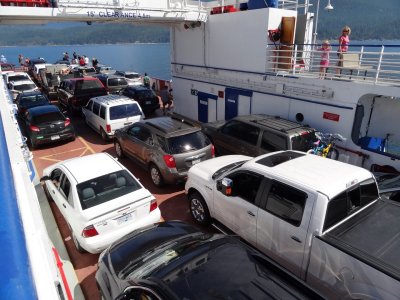 The crew load the ferry to make best use of all the space.