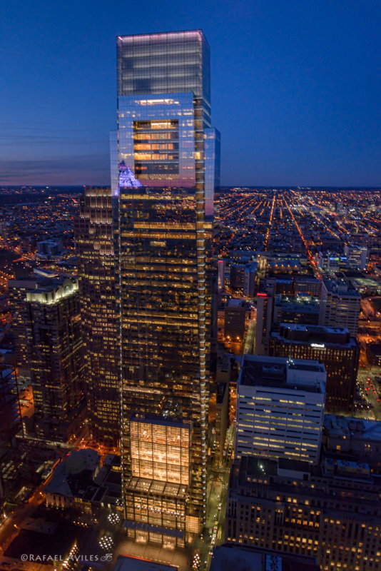 Night lights and reflections from the Comcast Center, the tallest building in Pennsylvania.