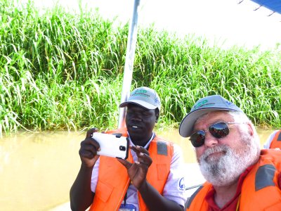 Selfie with me and Simon Keureng (CRS) entering the Sudd, South Sudan