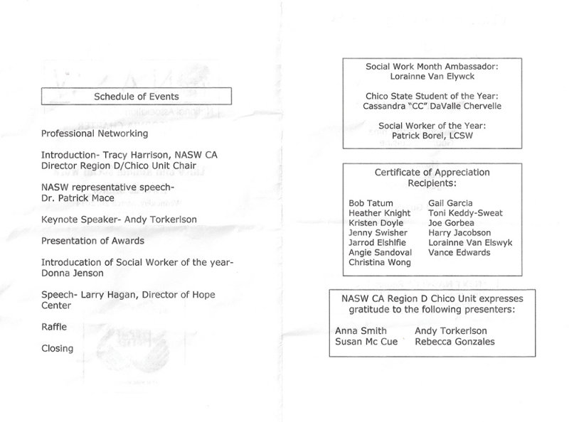 NASW Social Work Awards Dinner, Chico, Calif., March 26, 2014