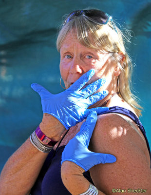 Diane beautifully modeling her recycling-duty gloves