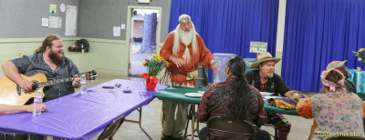 Professor Merloch Silvermaine entertains Matt Andersen, Joe Craven, and Incendio backstage