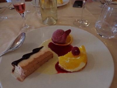 Dessert: chocolate mousse, orange cheese cake, raspberry sorbet