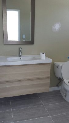 45. Master bath, new cabinet, mirror, toilet, floor tile, original tub left in. 