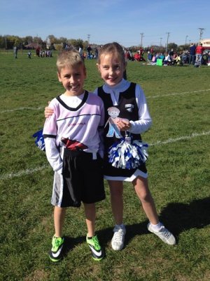 joeys superbowl- e wore her cheer outfit to cheer his team on