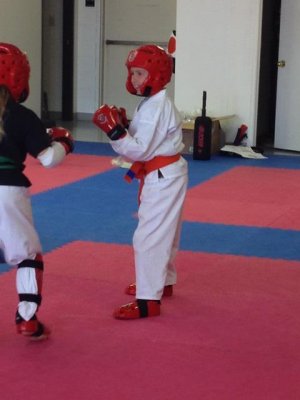 j's first time in sparring gear- he loved it