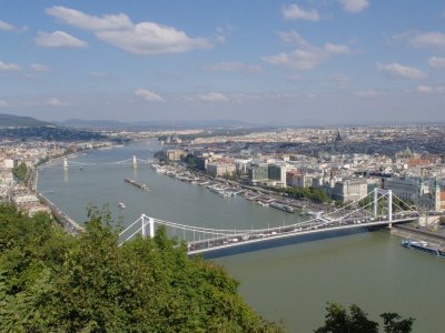 Erzsebet and Szechenyi bridges over Danube river