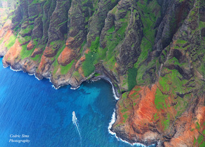 Napali Coast, view from Helicopter. Check out the wake from the boat below.