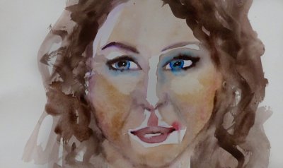 Completed portrait of the curly haired young woman with blue eyes