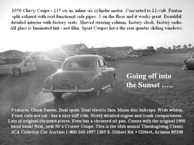 1950 Chevy into the sunset with text in gray scale