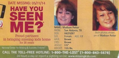 Madison Potter<br>missing since<br>May. 11, 2014