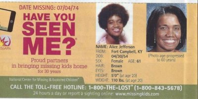 Alice Jefferson<br>missing since<br>July 4, 1974