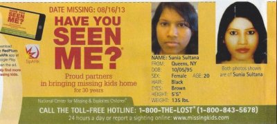 Sunia Sultana missing sinceAugust 16, 2013 