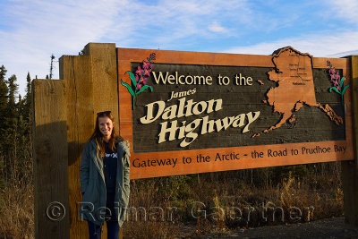 Sign board for the start of the James Dalton Highway from Livengood Alaska to the Arctic Ocean