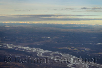 Aerial view of the Tanana River at the North Pole Alaska with the Chena Lakes and Brooks Range mountains